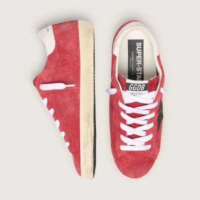 Golden Goose Super-Star In Red Suede With Glitter Star And White Heel Tab Golden Goose Super-Star In Red Suede With Glitter Star And White Heel Tab