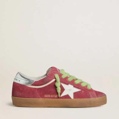 Golden Goose Super-Star In Red Suede With White Leather Star And Silver Leather Heel Tab Golden Goose Super-Star In Red Suede With White Leather Star And Silver Leather Heel Tab