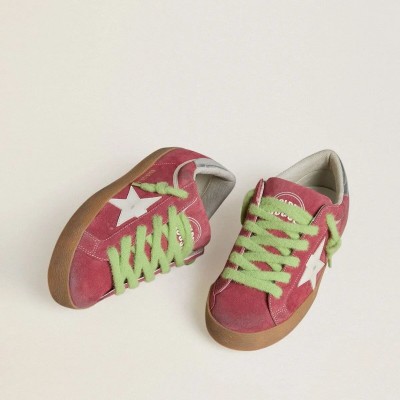 Golden Goose Super-Star In Red Suede With White Leather Star And Silver Leather Heel Tab Golden Goose Super-Star In Red Suede With White Leather Star And Silver Leather Heel Tab