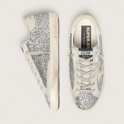 Golden Goose Super-Star In Silver Glitter With Ice-Gray Suede Star Golden Goose Super-Star In Silver Glitter With Ice-Gray Suede Star