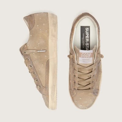 Golden Goose Super-Star In Tobacco Canvas With Suede Star And Crystal Inserts Golden Goose Super-Star In Tobacco Canvas With Suede Star And Crystal Inserts