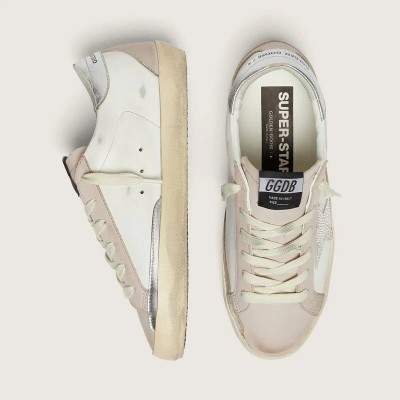 Golden Goose Super-Star In White And Powder-Pink Leather With Silver Swarovski Crystal Star Golden Goose Super-Star In White And Powder-Pink Leather With Silver Swarovski Crystal Star
