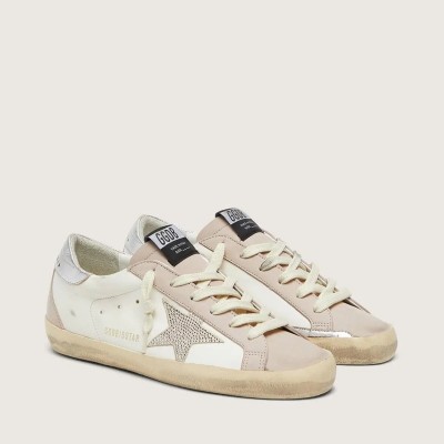 Golden Goose Super-Star In White And Powder-Pink Leather With Silver Swarovski Crystal Star Golden Goose Super-Star In White And Powder-Pink Leather With Silver Swarovski Crystal Star