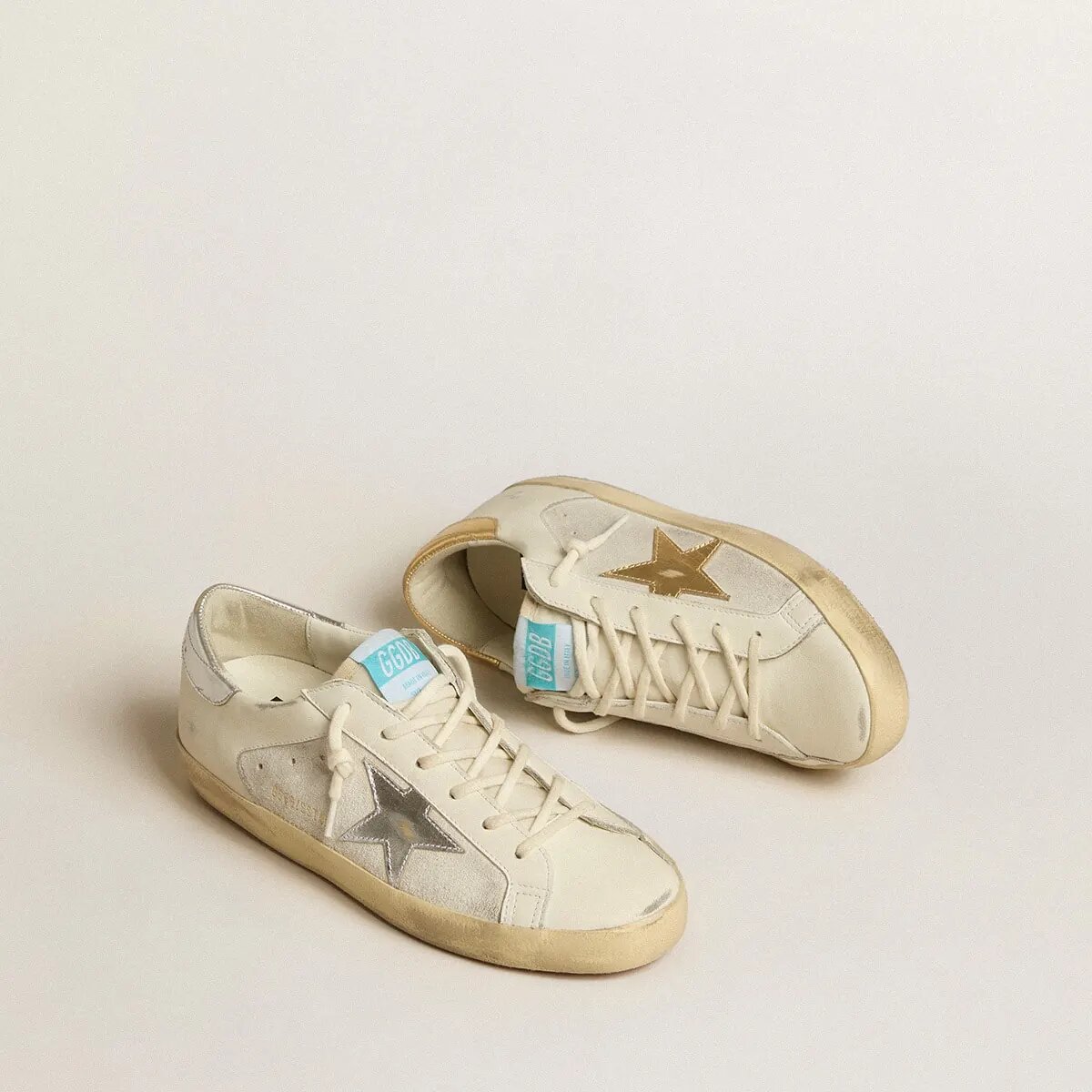 Golden Goose Super-Star In White Leather And Suede With Silver And Gold Leather Star Golden Goose Super-Star In White Leather And Suede With Silver And Gold Leather Star