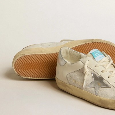 Golden Goose Super-Star In White Leather And Suede With Silver And Gold Leather Star Golden Goose Super-Star In White Leather And Suede With Silver And Gold Leather Star