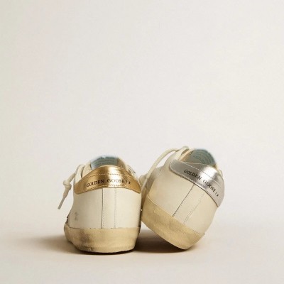 Golden Goose Super-Star In White Leather And Suede With Silver And Gold Leather Star Golden Goose Super-Star In White Leather And Suede With Silver And Gold Leather Star