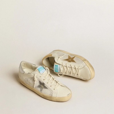 Golden Goose Super-Star In White Leather And Suede With Silver And Gold Leather Star Golden Goose Super-Star In White Leather And Suede With Silver And Gold Leather Star