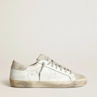 Golden Goose Super-Star In White Leather With Perforated Star And Beige Nubuck Heel Tab Golden Goose Super-Star In White Leather With Perforated Star And Beige Nubuck Heel Tab