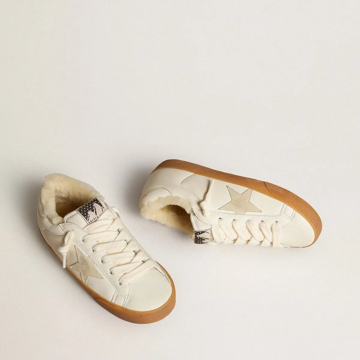 Golden Goose Super-Star In White Nappa With Suede Star And Shearling Lining Golden Goose Super-Star In White Nappa With Suede Star And Shearling Lining