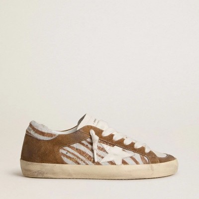 Golden Goose Super-Star In Zebra-Print Pony Skin With Leather Star And Brown Suede Inserts Golden Goose Super-Star In Zebra-Print Pony Skin With Leather Star And Brown Suede Inserts