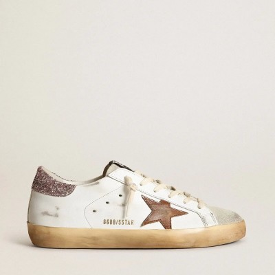 Golden Goose Super-Star With A Tan Star And Pink Glitter Heel Tab Golden Goose Super-Star With A Tan Star And Pink Glitter Heel Tab
