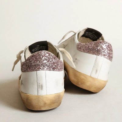 Golden Goose Super-Star With A Tan Star And Pink Glitter Heel Tab Golden Goose Super-Star With A Tan Star And Pink Glitter Heel Tab