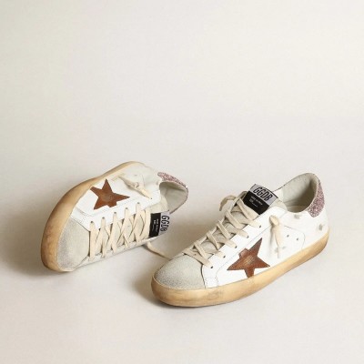 Golden Goose Super-Star With A Tan Star And Pink Glitter Heel Tab Golden Goose Super-Star With A Tan Star And Pink Glitter Heel Tab