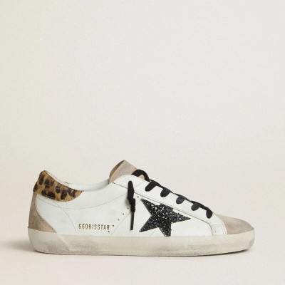 Golden Goose Super-Star With Black Glitter Star And Leopard-Print Pony Skin Heel Tab Golden Goose Super-Star With Black Glitter Star And Leopard-Print Pony Skin Heel Tab