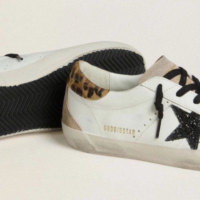 Golden Goose Super-Star With Black Glitter Star And Leopard-Print Pony Skin Heel Tab Golden Goose Super-Star With Black Glitter Star And Leopard-Print Pony Skin Heel Tab