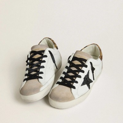 Golden Goose Super-Star With Black Glitter Star And Leopard-Print Pony Skin Heel Tab Golden Goose Super-Star With Black Glitter Star And Leopard-Print Pony Skin Heel Tab