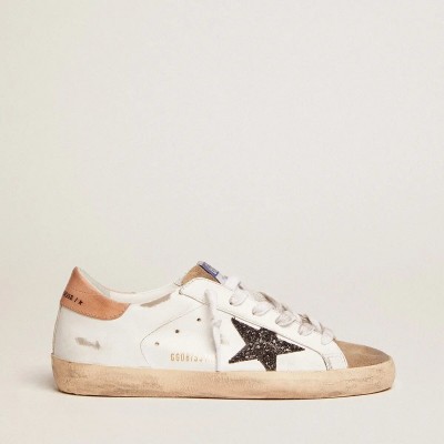Golden Goose Super-Star With Black Glitter Star And Pink Heel Tab Golden Goose Super-Star With Black Glitter Star And Pink Heel Tab