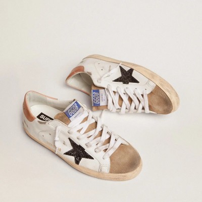 Golden Goose Super-Star With Black Glitter Star And Pink Heel Tab Golden Goose Super-Star With Black Glitter Star And Pink Heel Tab