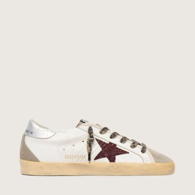 Golden Goose Super-Star With Burgundy Glitter Star And Silver Heel Tab Golden Goose Super-Star With Burgundy Glitter Star And Silver Heel Tab