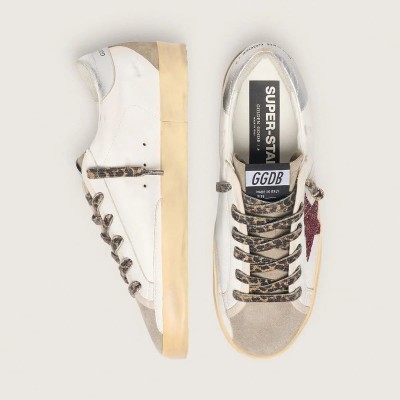 Golden Goose Super-Star With Burgundy Glitter Star And Silver Heel Tab Golden Goose Super-Star With Burgundy Glitter Star And Silver Heel Tab