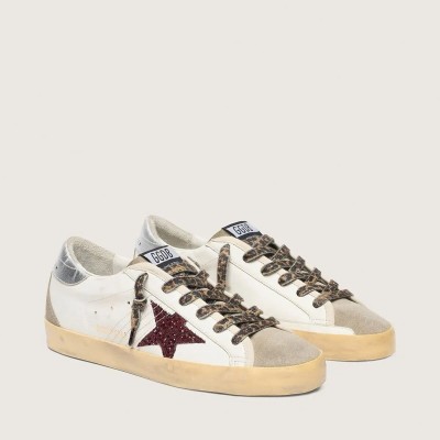 Golden Goose Super-Star With Burgundy Glitter Star And Silver Heel Tab Golden Goose Super-Star With Burgundy Glitter Star And Silver Heel Tab