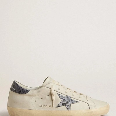 Golden Goose Super-Star With Cream-Colored Leather Star With Swarovski Crystals And Blue Leather Heel Tab With Lizard Print Golden Goose Super-Star With Cream-Colored Leather Star With Swarovski Crystals And Blue Leather Heel Tab With Lizard Print