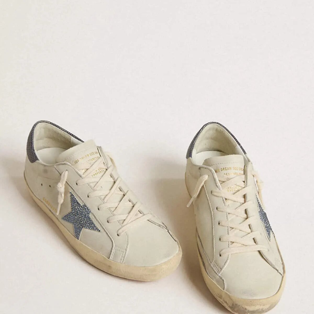 Golden Goose Super-Star With Cream-Colored Leather Star With Swarovski Crystals And Blue Leather Heel Tab With Lizard Print Golden Goose Super-Star With Cream-Colored Leather Star With Swarovski Crystals And Blue Leather Heel Tab With Lizard Print