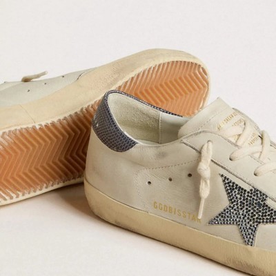 Golden Goose Super-Star With Cream-Colored Leather Star With Swarovski Crystals And Blue Leather Heel Tab With Lizard Print Golden Goose Super-Star With Cream-Colored Leather Star With Swarovski Crystals And Blue Leather Heel Tab With Lizard Print