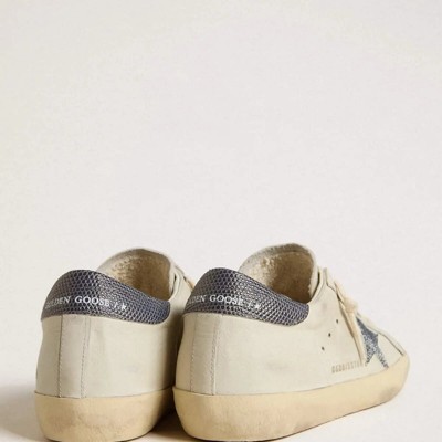 Golden Goose Super-Star With Cream-Colored Leather Star With Swarovski Crystals And Blue Leather Heel Tab With Lizard Print Golden Goose Super-Star With Cream-Colored Leather Star With Swarovski Crystals And Blue Leather Heel Tab With Lizard Print