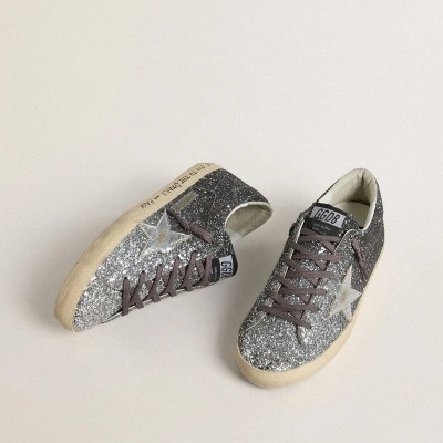 Golden Goose Super Star With Glitter Upper And Silver Metallic Leather Star Golden Goose Super Star With Glitter Upper And Silver Metallic Leather Star