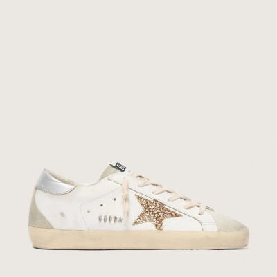 Golden Goose Super-Star With Gold Glitter Star And Ice-Gray Suede Inserts Golden Goose Super-Star With Gold Glitter Star And Ice-Gray Suede Inserts
