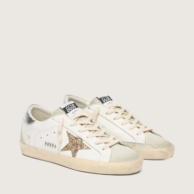 Golden Goose Super-Star With Gold Glitter Star And Ice-Gray Suede Inserts Golden Goose Super-Star With Gold Glitter Star And Ice-Gray Suede Inserts
