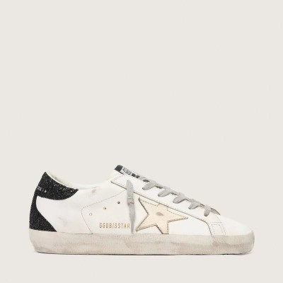 Golden Goose Super-Star With Gold Star And Black Glitter Heel Tab Golden Goose Super-Star With Gold Star And Black Glitter Heel Tab