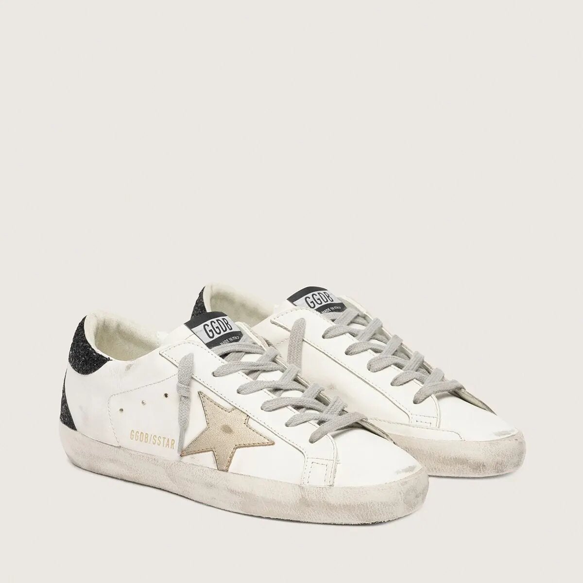 Golden Goose Super-Star With Gold Star And Black Glitter Heel Tab Golden Goose Super-Star With Gold Star And Black Glitter Heel Tab