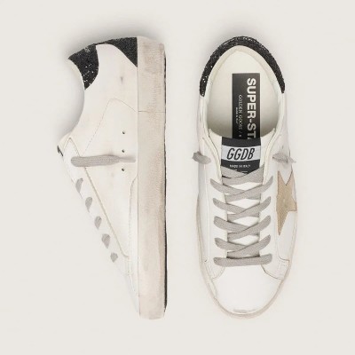 Golden Goose Super-Star With Gold Star And Black Glitter Heel Tab Golden Goose Super-Star With Gold Star And Black Glitter Heel Tab