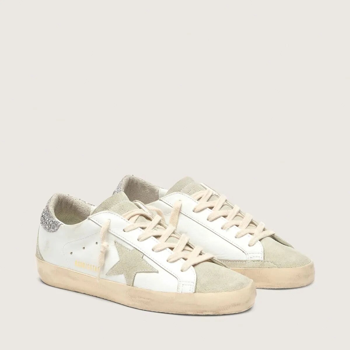 Golden Goose Super-Star With Gray Star And Silver Glitter Heel Tab Golden Goose Super-Star With Gray Star And Silver Glitter Heel Tab