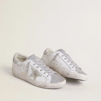Golden Goose Super-Star With Gray Suede Star And Silver Glitter Inserts Golden Goose Super-Star With Gray Suede Star And Silver Glitter Inserts