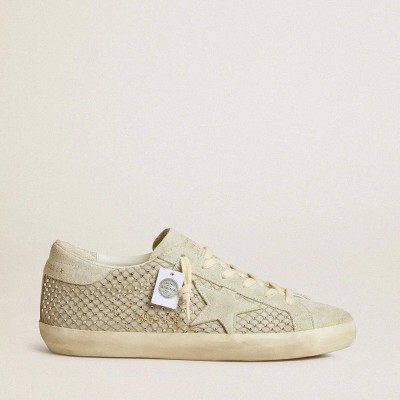 Golden Goose Super-Star With Gray Suede Star And Swarovski Crystal Mesh Golden Goose Super-Star With Gray Suede Star And Swarovski Crystal Mesh