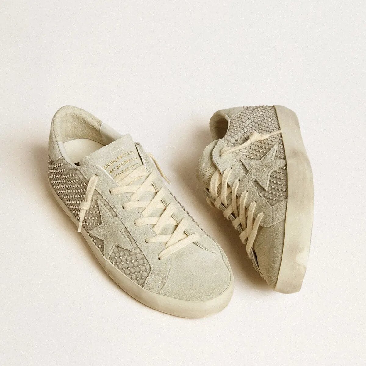 Golden Goose Super-Star With Gray Suede Star And Swarovski Crystal Mesh Golden Goose Super-Star With Gray Suede Star And Swarovski Crystal Mesh