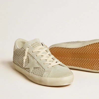 Golden Goose Super-Star With Gray Suede Star And Swarovski Crystal Mesh Golden Goose Super-Star With Gray Suede Star And Swarovski Crystal Mesh
