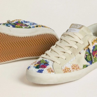 Golden Goose Super-Star With Multicolored Beads And Beige Suede Star Golden Goose Super-Star With Multicolored Beads And Beige Suede Star