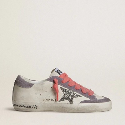 Golden Goose Super-Star With Silver Glitter Star And Lilac Suede Heel Tab Golden Goose Super-Star With Silver Glitter Star And Lilac Suede Heel Tab