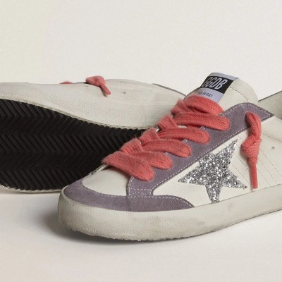 Golden Goose Super-Star With Silver Glitter Star And Lilac Suede Heel Tab Golden Goose Super-Star With Silver Glitter Star And Lilac Suede Heel Tab