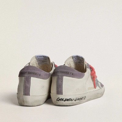 Golden Goose Super-Star With Silver Glitter Star And Lilac Suede Heel Tab Golden Goose Super-Star With Silver Glitter Star And Lilac Suede Heel Tab