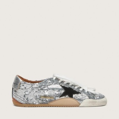 Golden Goose True-Star In Silver Sequins With Black Star And Silver Leather Heel Tab Golden Goose True-Star In Silver Sequins With Black Star And Silver Leather Heel Tab
