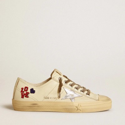 Golden Goose V-Star In Ecru Nappa With Silver Nappa Star And Beaded Embroidery