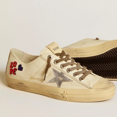 Golden Goose V-Star In Ecru Nappa With Silver Nappa Star And Beaded Embroidery