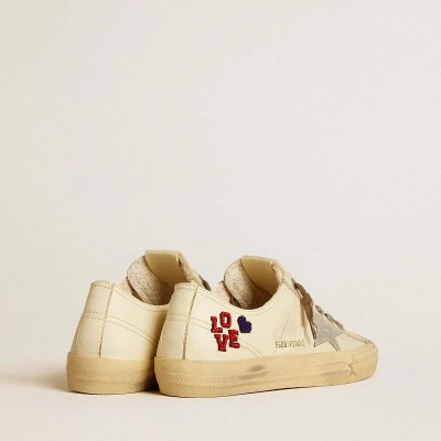 Golden Goose V-Star In Ecru Nappa With Silver Nappa Star And Beaded Embroidery