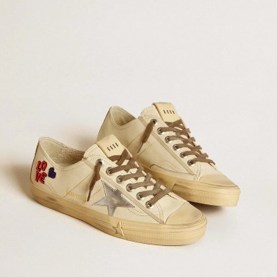 Golden Goose V-Star In Ecru Nappa With Silver Nappa Star And Beaded Embroidery Golden Goose V-Star In Ecru Nappa With Silver Nappa Star And Beaded Embroidery
