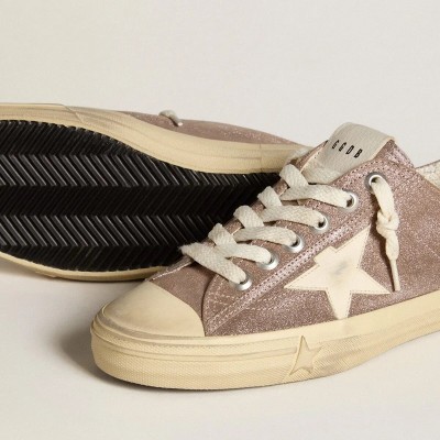 Golden Goose V-Star In Light Brown Metallic Suede With Cream Leather Star Golden Goose V-Star In Light Brown Metallic Suede With Cream Leather Star